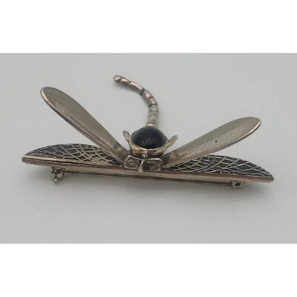 Vintage sterling silver 925‎ onyx Dragonfly insect brooch pin